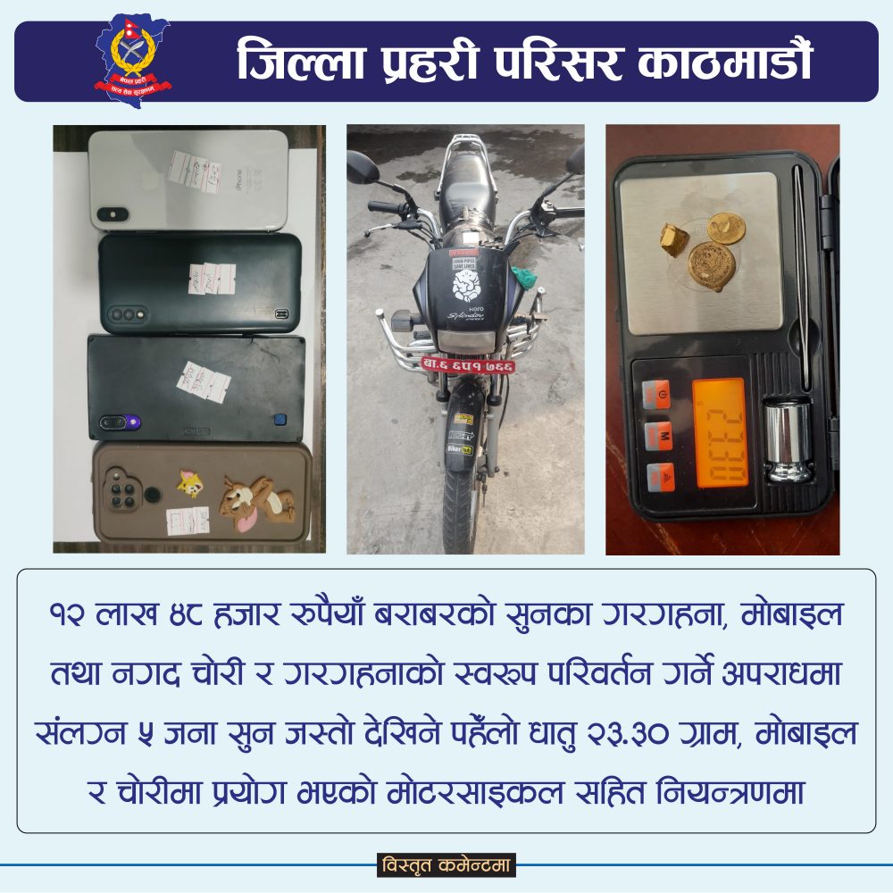 काठमाडौंमा घर फाेरेर चोरी गर्ने ५ जना पक्राउ काठमाडौंमा घर फाेरेर चोरी गर्ने ५ जना पक्राउ