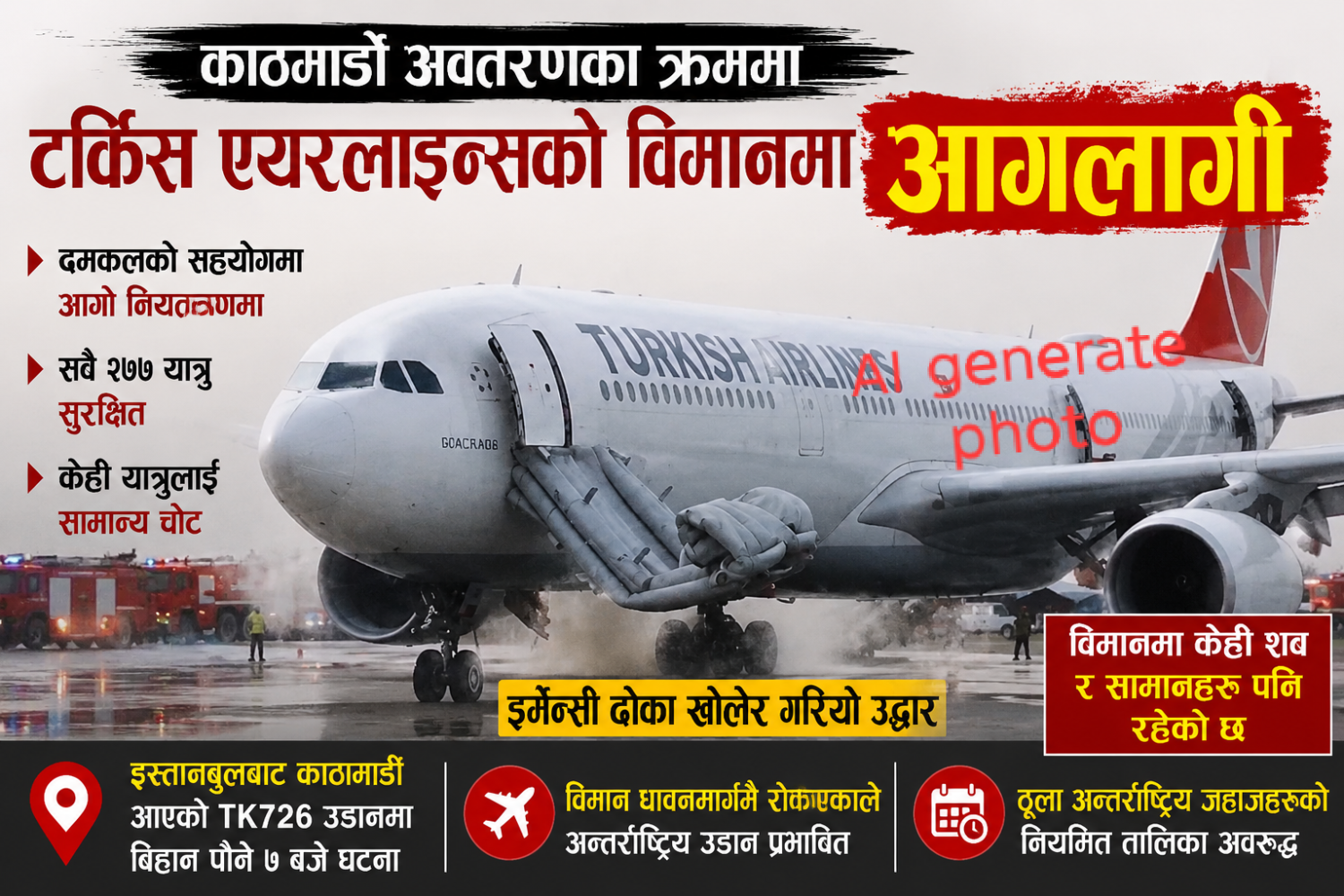 काठमाडौं अवतरणका क्रममा टर्किस एयरलाइन्सको विमानमा आगलागी, सबै यात्रु सुरक्षित